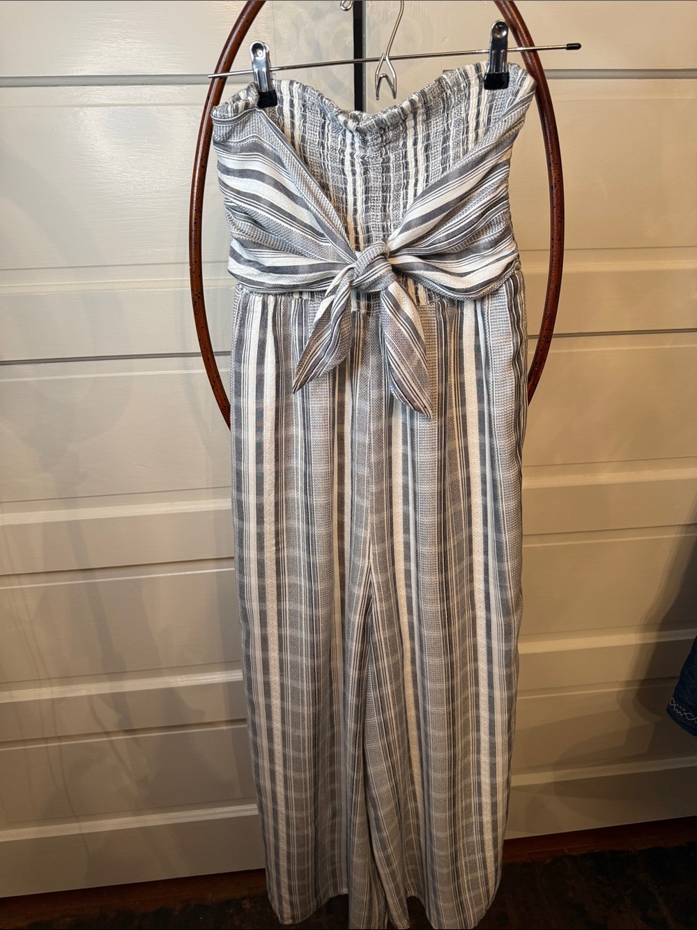 L*Space Strapless Tie Front Jumpsuit Smocked Wide Leg Striped Resort Boho beach
